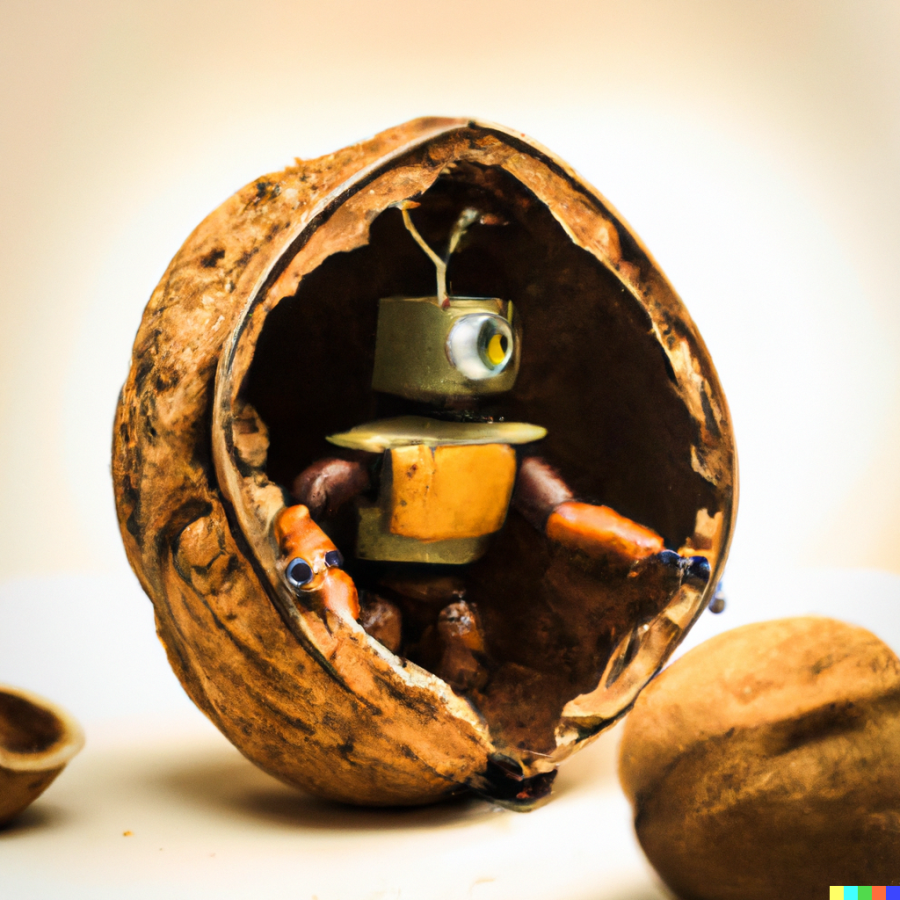 Realistic photo of a robotic artist living in a walnut shell(Generated by Shaumprovo Debnath using DALL-E 2)