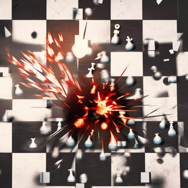 Image of a chess board exploding, generated by Shaumprovo using Stable Diffusion 2.1.