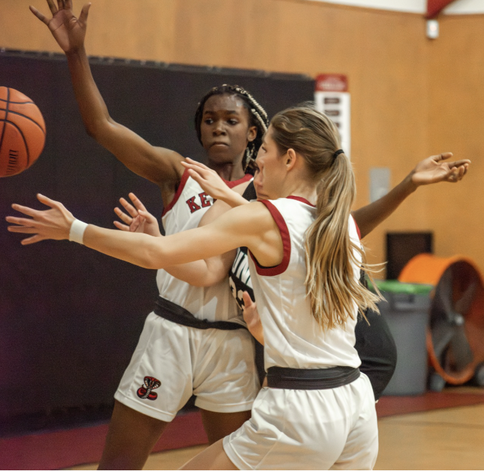 Senior Breleigh and Freshman Nyla defend a guard from Bracken High School